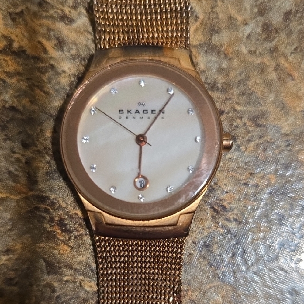Skagen Rose Gold Mesh Watch with Crystal Accents